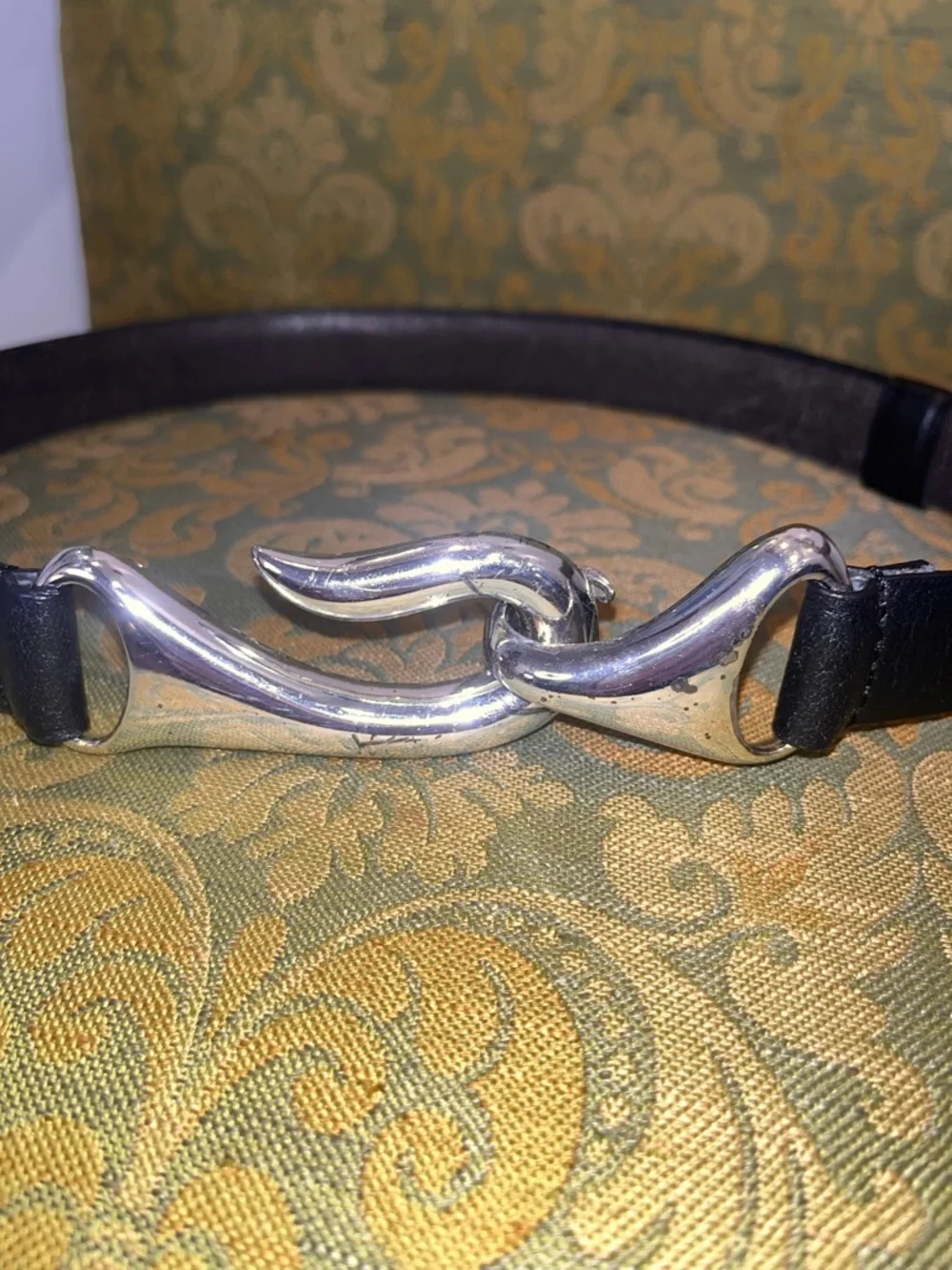 Chico's Black Leather Belt with Silver Sculpted Interlock Buckle - Picture 2 of 7